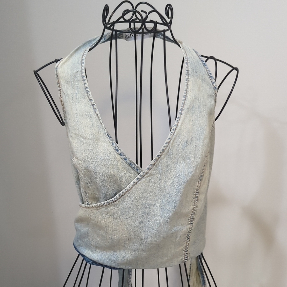 Zara Light Wash Denim Wrap Tank Top